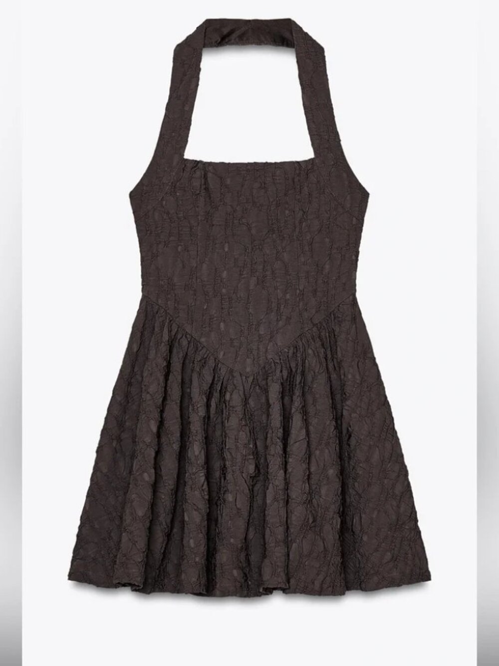 Zara textured chocolate brown halter mini dress dipped waist small - Picture 4 of 7